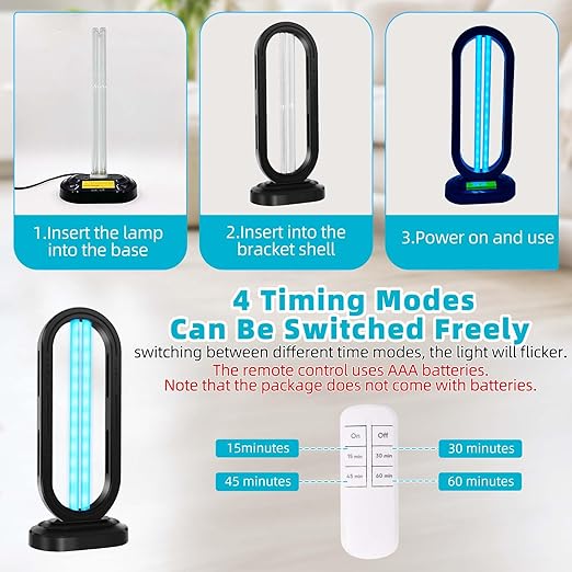 UV Light Sanitizer,4-Speed Timing and Remote Control UVC Home Disinfection Device,Ultraviolet Light Sanitizer for Dust Mites,UV Lamp for Whole Room,Black